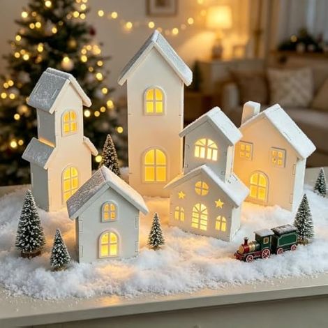 Village de Noël en bois, maison de Noël miniature illuminée (1/4)