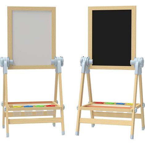 Chevalet en bois pour enfants, tableau blanc et tableau noir double face, tableau noir sur pied réglable en hauteur avec rouleau de papier, étagère, naturel