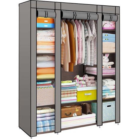 Trintion Fabric Canvas Wardrobe Cloth Wardrobes For Bedroom Clothes Storage Organiser with Hanging Rail Storage Cupboard Unit for Bedroom Living Room,Bedroom Storage, (Gray)