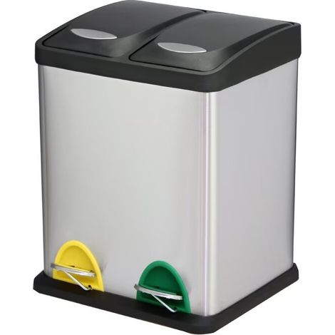 Double poubelle de cuisine, Poubelle de Tri, Corbeille à Pédale, en Métal, 16L ,avec Couvercle, en Acier, Argent (1/4)