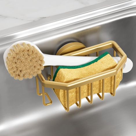 Antirouille Porte Eponge pour évier de Cuisine avec Ventouse - Doré Support d'éponge avec Ventouse Solide, Support d'éponge à Vaisselle Amovible à l'intérieur de l'évierpour éponges, brosses (1/5)