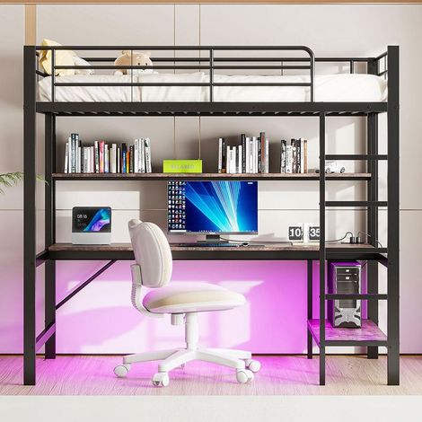 Lit mezzanine - GUTENT - 90x200 cm - Métal noir - USB et prise de courant - Lumière d'ambiance télécommandée (1/5)