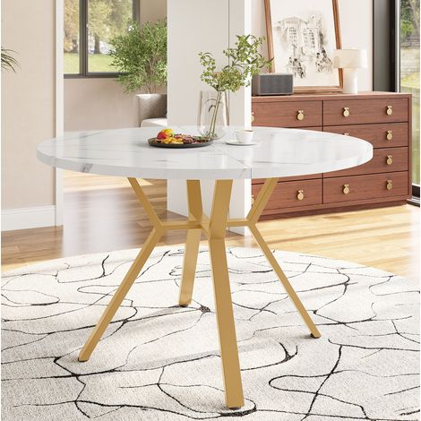 Runder Esstisch 100x100x75 cm Weiß/Gold aus MDF und Stahl mit Marmordekor und X-Gestell (1/5)