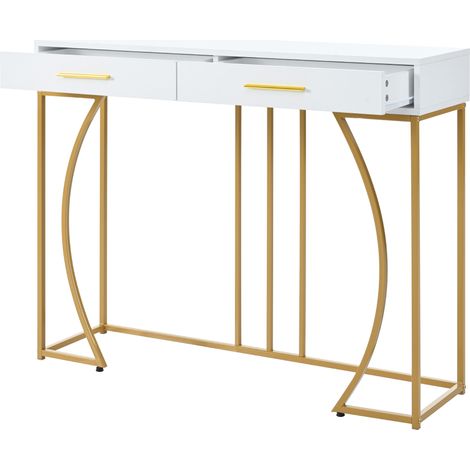 Table console blanche et or avec 2 tiroirs, structure métal et plateau MDF, 110x32x85 cm (1/5)