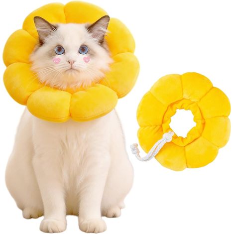1 - Collerette Chat - Collier De Protection - Design Tournesol En Coton Doux - Anti-Léchage Pour Convalescence Et Toilettage - Ajustable - Jaune - 22x22cm (1/5)