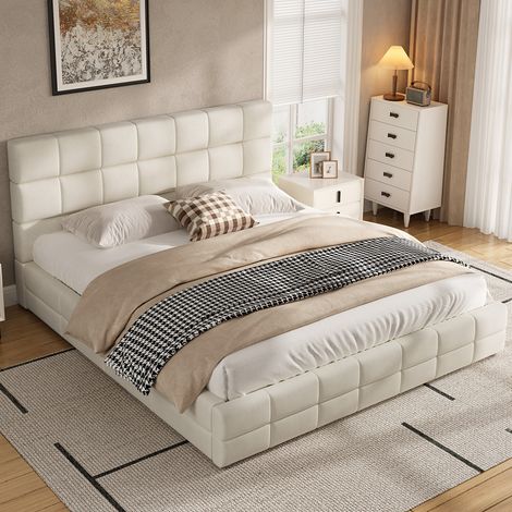 Lit plateforme rembourré 180x200 cm avec tête de lit Lit double avec sommier à lattes Velours Beige (1/5)