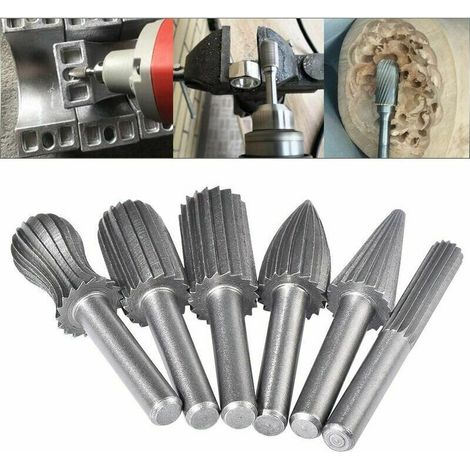 Set di 6 frese rotative a doppia scanalatura in carburo di tungsteno, 6 mm, gambo in carburo di tungsteno, punte per limatura/incisione/molatura per utensili rotanti (1/4)