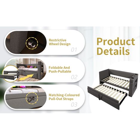 Daybed 90x190 cm tejido gris con cama nido y USB, para espacios pequeños, sin colchón – MEUBLIV (1/5)