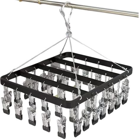 Étendoir à linge en métal avec 36 pinces, crochets coupe-vent et pinces à linge pliables pour chaussettes, soutiens-gorge et sous-vêtements (noir). (1/5)