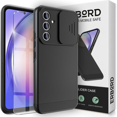 Étui pour Samsung Galaxy A54 5G, avec cache-caméra coulissant, noir + verre trempé (1/2)