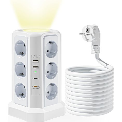 Multiprise Multi-fonction EU – 12 Prises, USB-A/C PD 20W. Modèle (Gris/Blanc). (1/5)