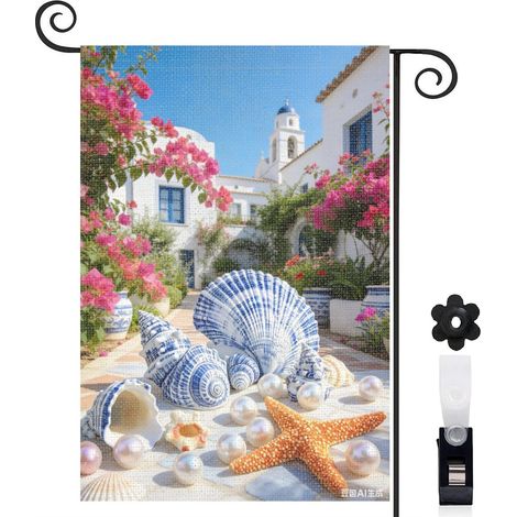 Drapeau de jardin bienvenue 30 x 45 cm motif coquillages et perles style bord de mer toile double face (1/5)