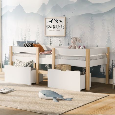 Lit simple 90x200 avec tiroirs bois massif blanc HAVRYA (1/5)