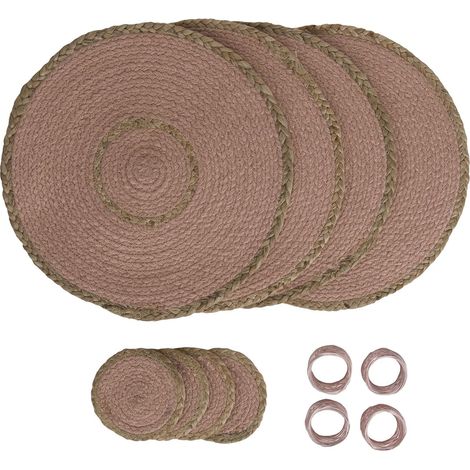 Set de 12 sets de table en jute, Sous-verres et anneaux de serviette - Couleur fard à joues - Set de table ronds - Fabriqué à la main par des artisans indiens qualifiés - D-32cm (1/5)