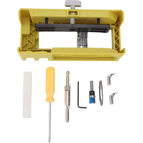 Gabarit de charnière de porte en plastique avec jauge de profondeur intégrée, gabarit portable pour défonceuse de charnières de porte sur chantier. (1/5)