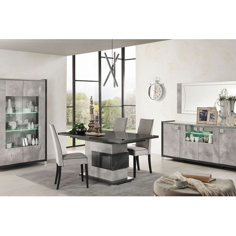 Altobuy – Ensemble séjour gris aspect pierre – Buffet 4P avec leds – Vitrine 2P avec leds – Table de repas allongeable 160/200x90cm (1/5)
