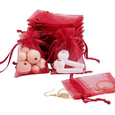 QAZQA Lot de 100pcs Sachets Pochettes Cadeau en Organza, Petits Sacs pr la Fete de Mere, Rouge Fonce, 7cmx9cm (1/5)