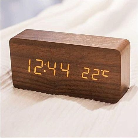 Alarm modern in wood - LED Alarm in Wood Digital Alarm Office Date Temperature Display Moisture 12/24 Hour - For the home, the bedroom, the office (Brown)- (1/4)