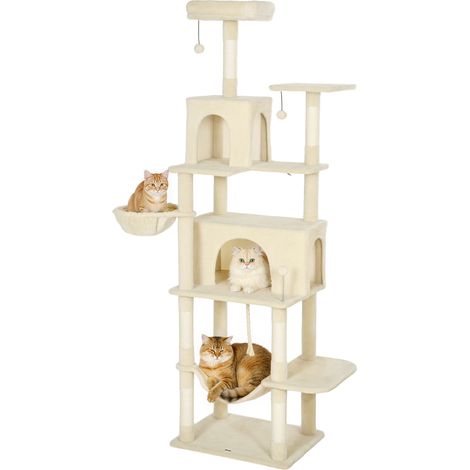PawHut árbol rascador para gatos, árbol para gatos 202 cm, torre escalador con plataformas, cama, cuevas, cama, postes de sisal, bolas, cuerda, beige (1/5)