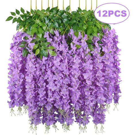 Guirlande de fleurs artificielles en soie de glycine, idéale pour la décoration intérieure, les mariages et les garden-parties (12 pièces, violettes). (1/5)