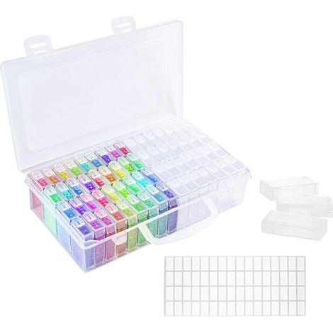 Aufbewahrungsbox für Diamantmalerei – 64 Fächer – 5D-Kunststoffbox – DIY-Zubehör für Schmuck und Nagelkunst – mit Aufklebern (1/5)
