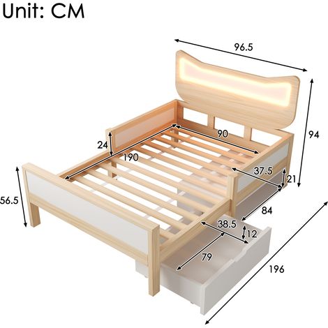 Lit enfant 90x190cm LED RGB oreilles chat tete de lit sommier lattes tiroir rangement modulable barriere securite blanc chene