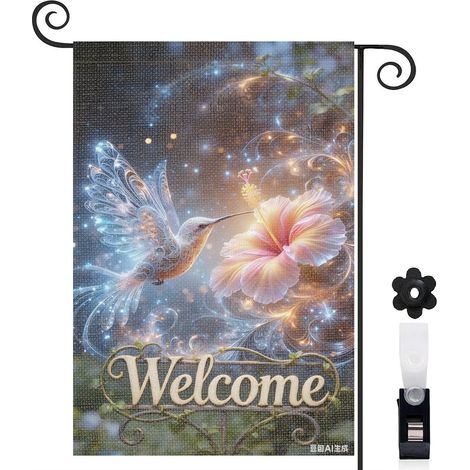 Drapeau de jardin bienvenue motif artistique fleurs et oiseau 30 x 45 cm toile double face durable décoration extérieure élégante (1/5)