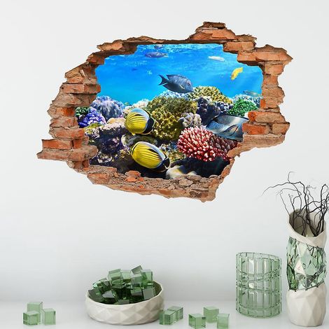 sticker Mural 3d Motif Trou De Mur ( Poissons) (1/5)