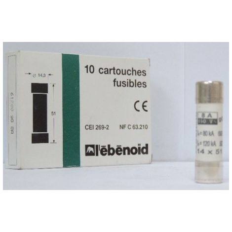 Fusible 8A cartouche 14X51mm gG usage industriel (boite de 10) HPC 120kA 500V sans voyant EBENOID 061208 (1/2)
