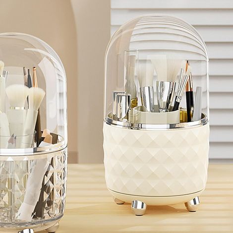 Rotating Plastic Pen Holder, 360 Degree Desk Organizer, Makeup Brush Holder, 122 mm x 219 mm, Storage for Office, Vanity, Home Decor (WHITE) (1/5)