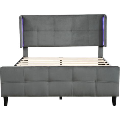 CAIziLit rembourré double avec bande LED 16 couleurs sur les côtés, tête et pied de lit capitonnés, structure métallique, tête de lit réglable sur trois hauteurs, velours, gris, 140x200cm (1/5)