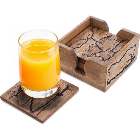 Mango Wood Coaster Set with Holder - 6 Pieces (1/5)