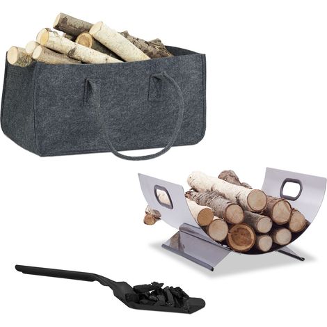 Set da 3 Accessori per Caminetto, Cesto Portalegnao Rivista, Sacco Portalegna in Feltro, Paletta Nera Raccogli Cenere (1/5)