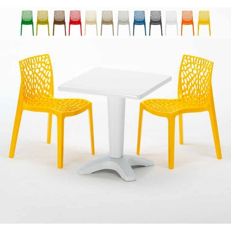 Table Carrée Blanche 70x70cm Avec 2 Chaises Colorées Grand Soleil Set Bar Café Gruvyer Patio - Jaune (1/5)