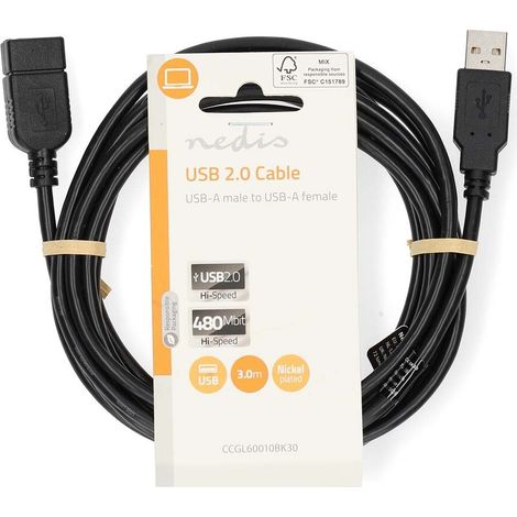 Nedis USB-Kabel / USB 2.0 / USB-A Stecker / USB-A Buchse / 18 W / 480 Mbps / Vernickelt / 3.00 m / Rund / PVC / Schwarz / Label