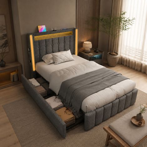 Letto singolo 90x200 in tessuto grigio, LED e cassetti per camera, senza materasso - FLORAGRACE (1/5)