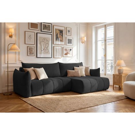 Ecksofa Schlafsofa ONTARIO in Stoff Poso Schwarz Ottomane Rechts
