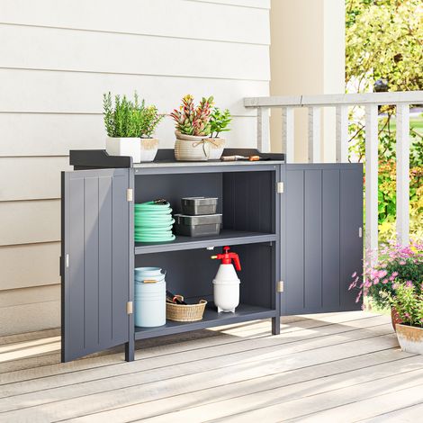 Meuble de jardin autoportant, table de plantation 2 en 1 avec double porte, étagère et plateau en métal galvanisé – gris (1/5)