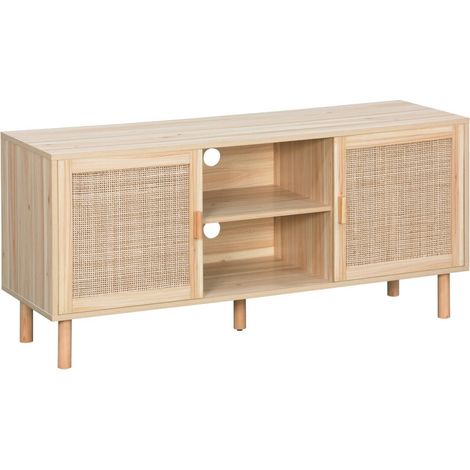 120cm TV unit wooden effect and cane 2 doors , Camargue, Natural, 120x39x57 cm