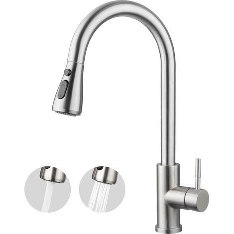 Robinet de cuisine haute pression avec pommeau de douche, 2 modes de sortie d'eau, robinet de cuisine extensible, rotatif à 360°, robinet d'évier en acier inoxydable brossé 304, cartouche en (1/5)