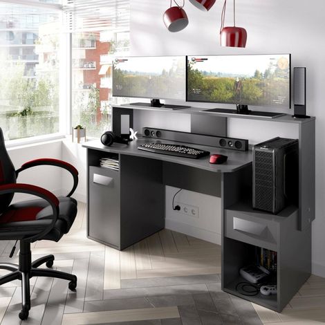 Bureau Manos, Bureau de Jeu Multifonction Moderne, Table d'étude pour PC et Support CD, 154x69h98 cm, Anthracite, sans lumières LED (1/5)