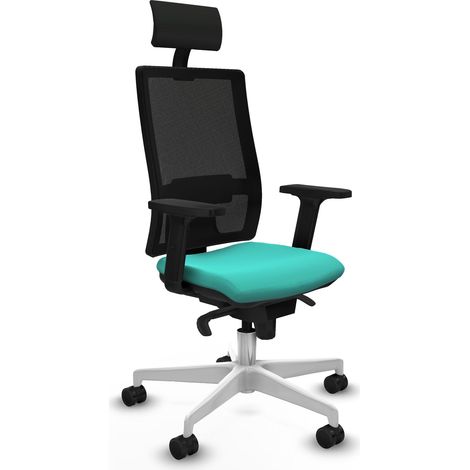 Horna sincro malla negra similpiel turquesa brazos 2D base blanca cabecero fijo ruedas 65mm nailon (1/5)