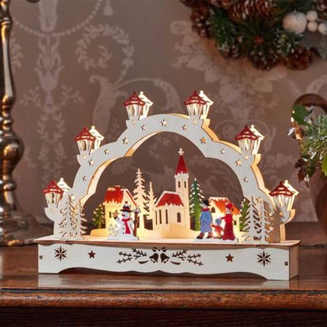 28cm Battery Operated Wooden Christmas Festive Village with LEDs (1/4)