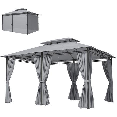 Pavillon de jardin avec rideaux, toit ventilé, gris foncé