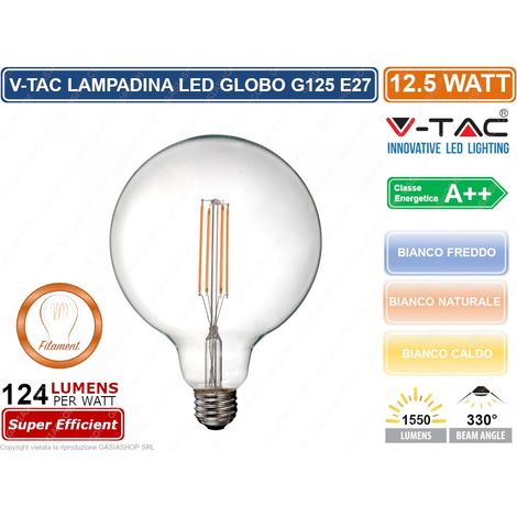 V-TAC VT-2143 LAMPADINA LED FILAMENT E27 12,5W GLOBO G125 - SKU 7453 / 7454 / 7455 - Colore Luce: Bianco Naturale (1/8)