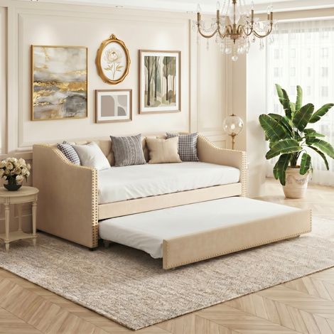 BLANKETSWARM - Canapé lit extensible 2 places 90 x 200 cm, Lit gigogne adulte avec sommier à lattes, Canapé-lit gigogne, Extensible, Tissu Lin, Beige (Sans matelas)
