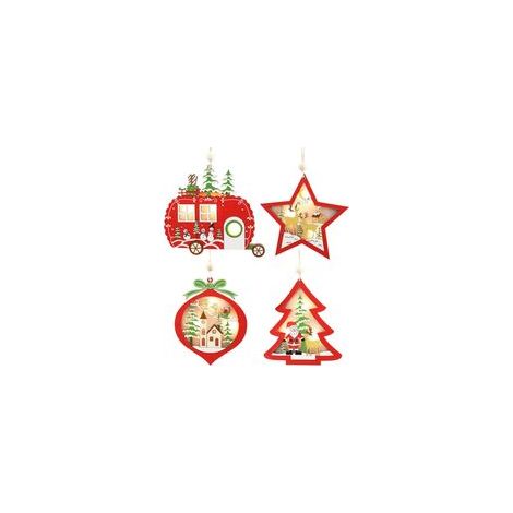 4 Pièces Decoration Noel Bois, LED Lumiere Noel Décoration Noel, Decoration Sapin Noel Bois Lumineux, Decoration de Noel Sapin Intérieur, Decoration Boule de Noel Sapin