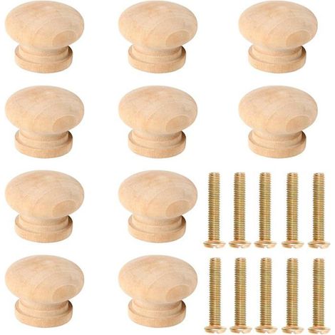Lot de 10 boutons de placard ronds en bois de hêtre avec vis – Boutons de placard de cuisine, de tiroir de placard (27 mm x 21 mm) (1/5)