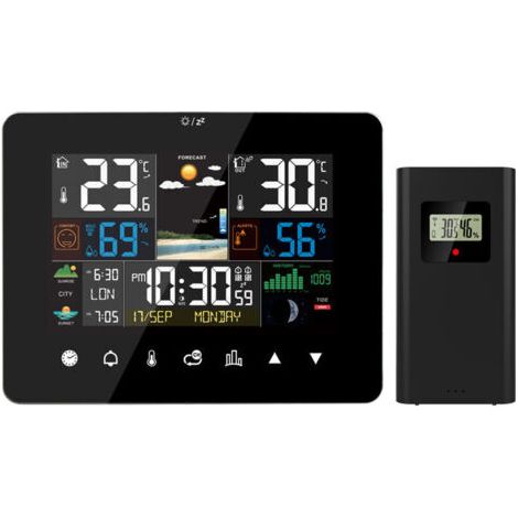 Station météo lever et coucher du soleil réveil multifonction thermomètre hygromètre fonctionnement à écran tactile avec capteur extérieur sans fil,Le noir