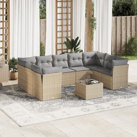 Ensemble Salon Jardin Résine Tressée Beige 10 Places avec Coussins Gris - 9 Sièges Modulables + Table Verre Trempé 55x55cm (1/3)